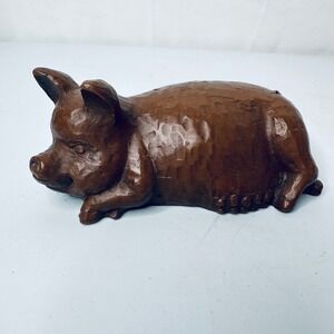Red Mill Mfg Handcrafted Brown Pig Figurine Reclining Resin Sculpture USA 5 Inch